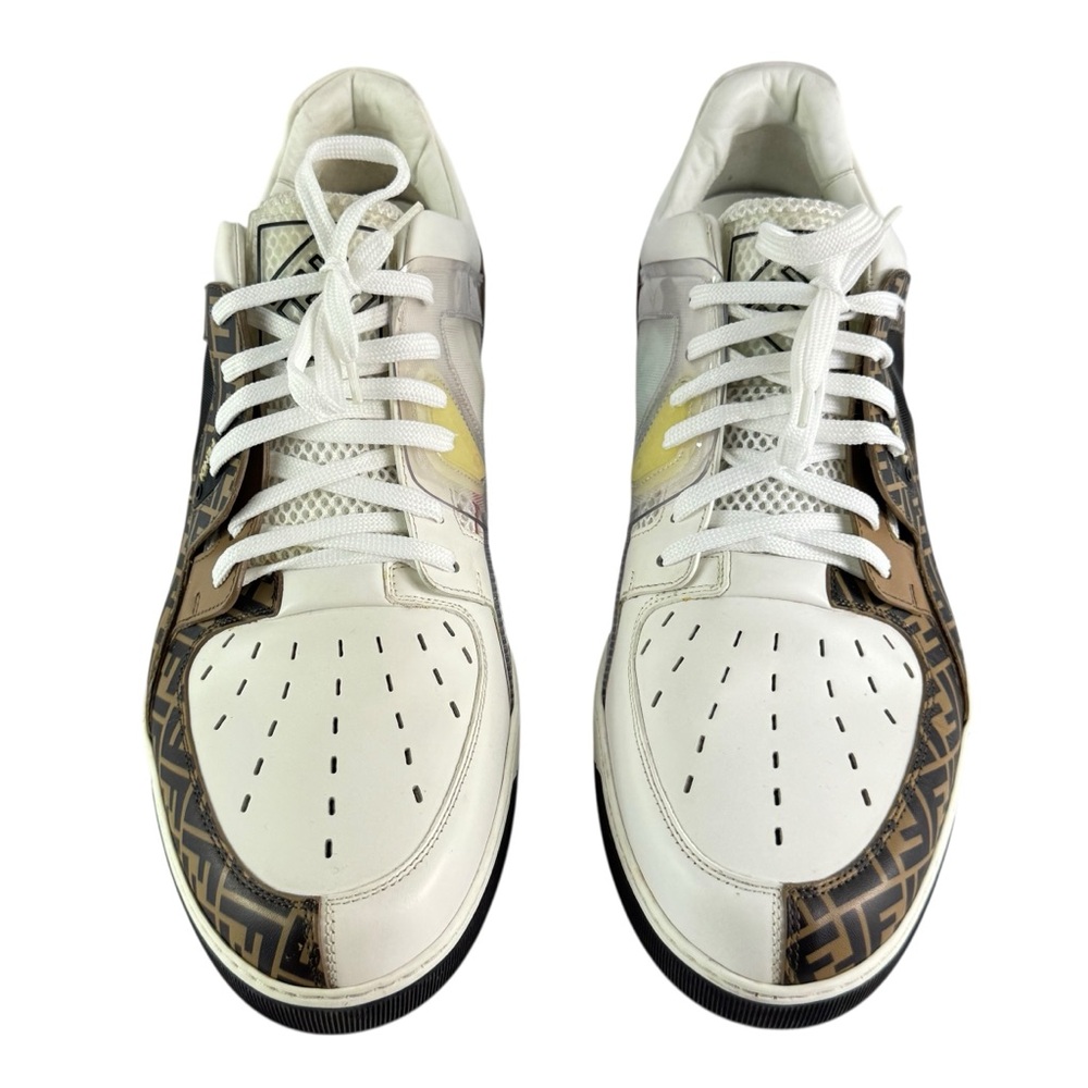 FENDI Zucca White Brown Leather Mesh Men's Sneakers Made in Italy 10UK 11US